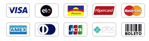 Formas de Pagamento - Visa, Elo, Mastercard, Hipercard, Amex, Diners, JCB, PIX, Boleto
